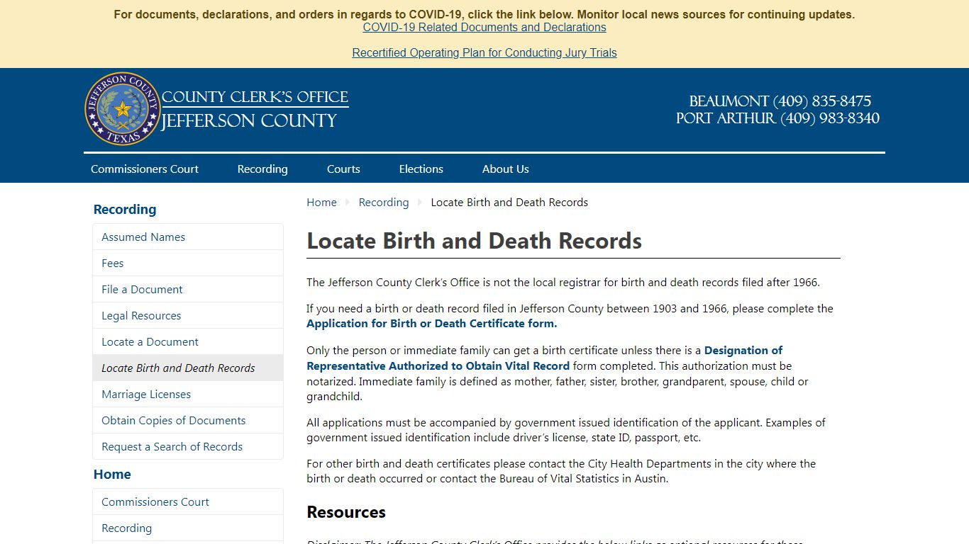 Locate Birth and Death Records - Jefferson County TX